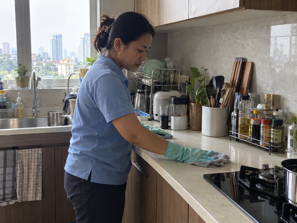 Petugas Bersihku membersihkan meja dapur