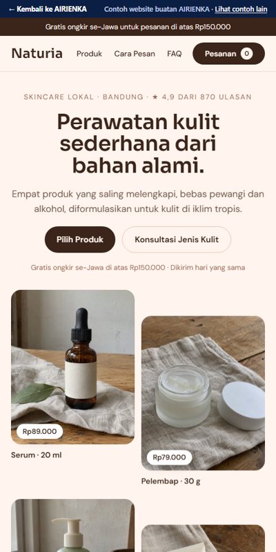 Website toko Naturia di HP, pembeli pesan langsung tanpa potongan admin