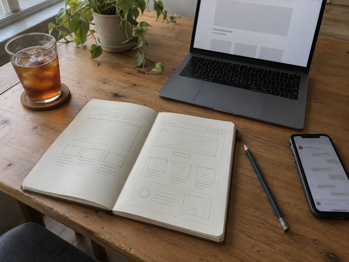 Sketsa struktur halaman di buku catatan sebelum desain dibuat