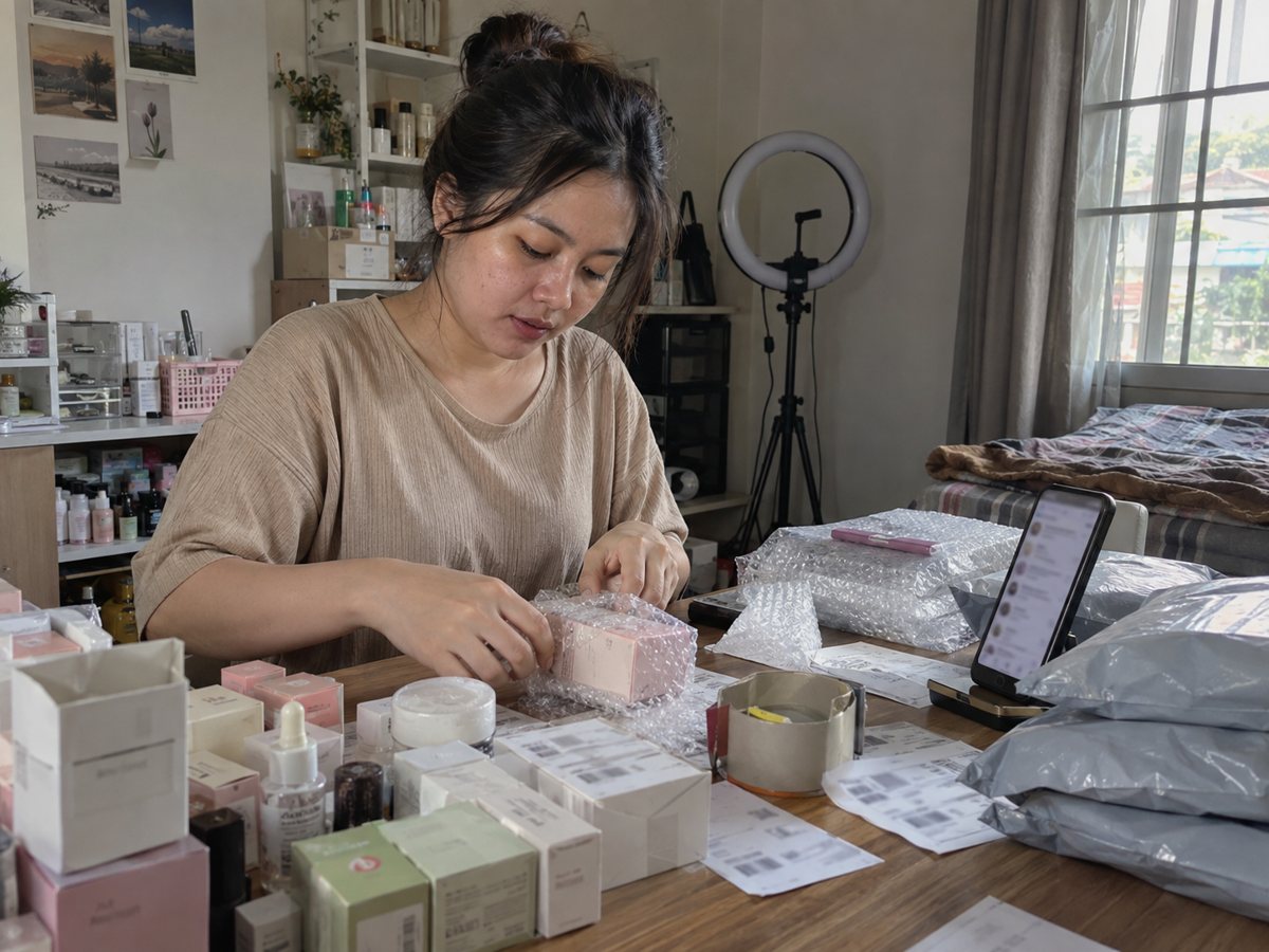 Seller online skincare mengemas pesanan marketplace di rumah