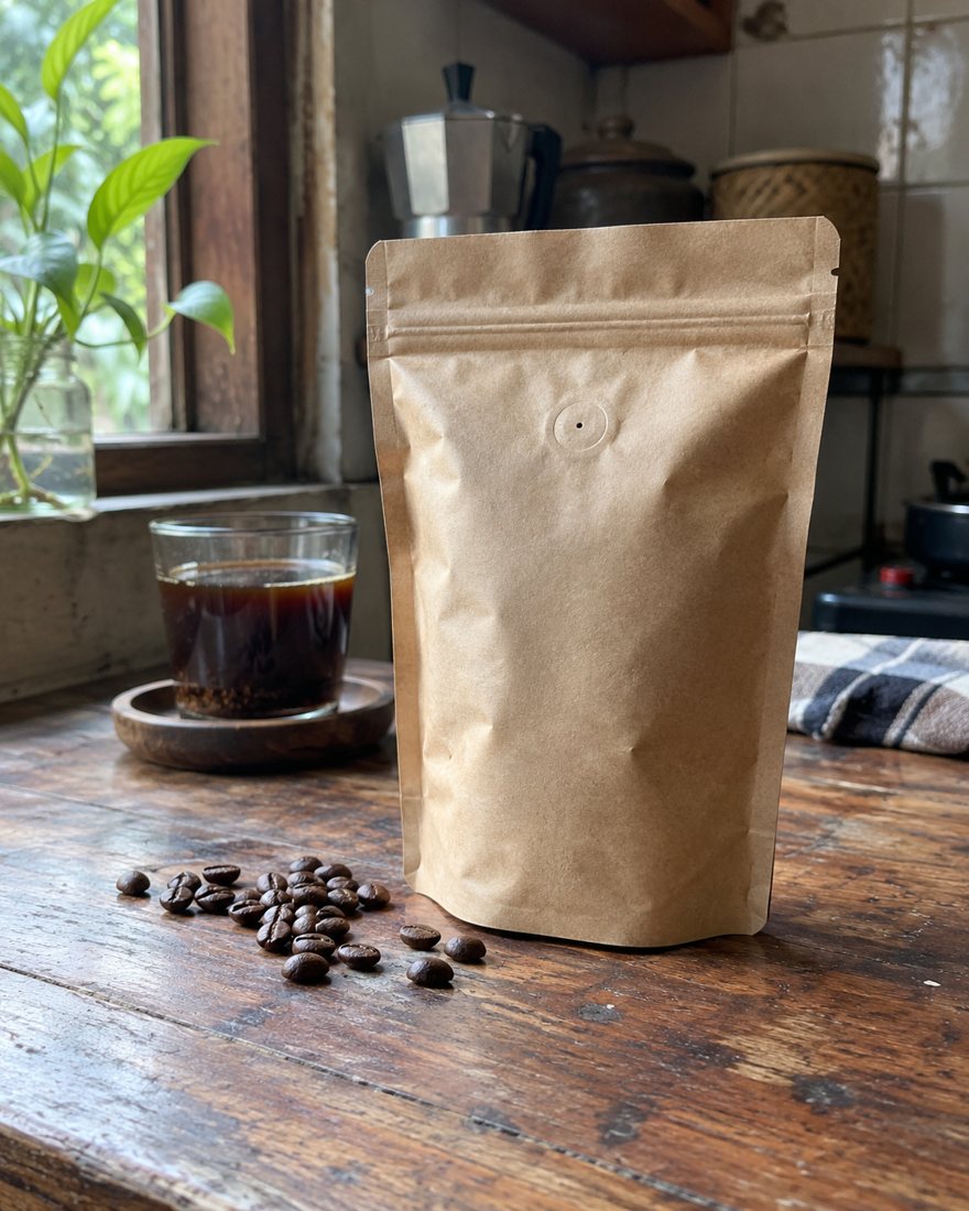Kantong kopi Kopi Tepian dengan valve degassing di atas meja kayu