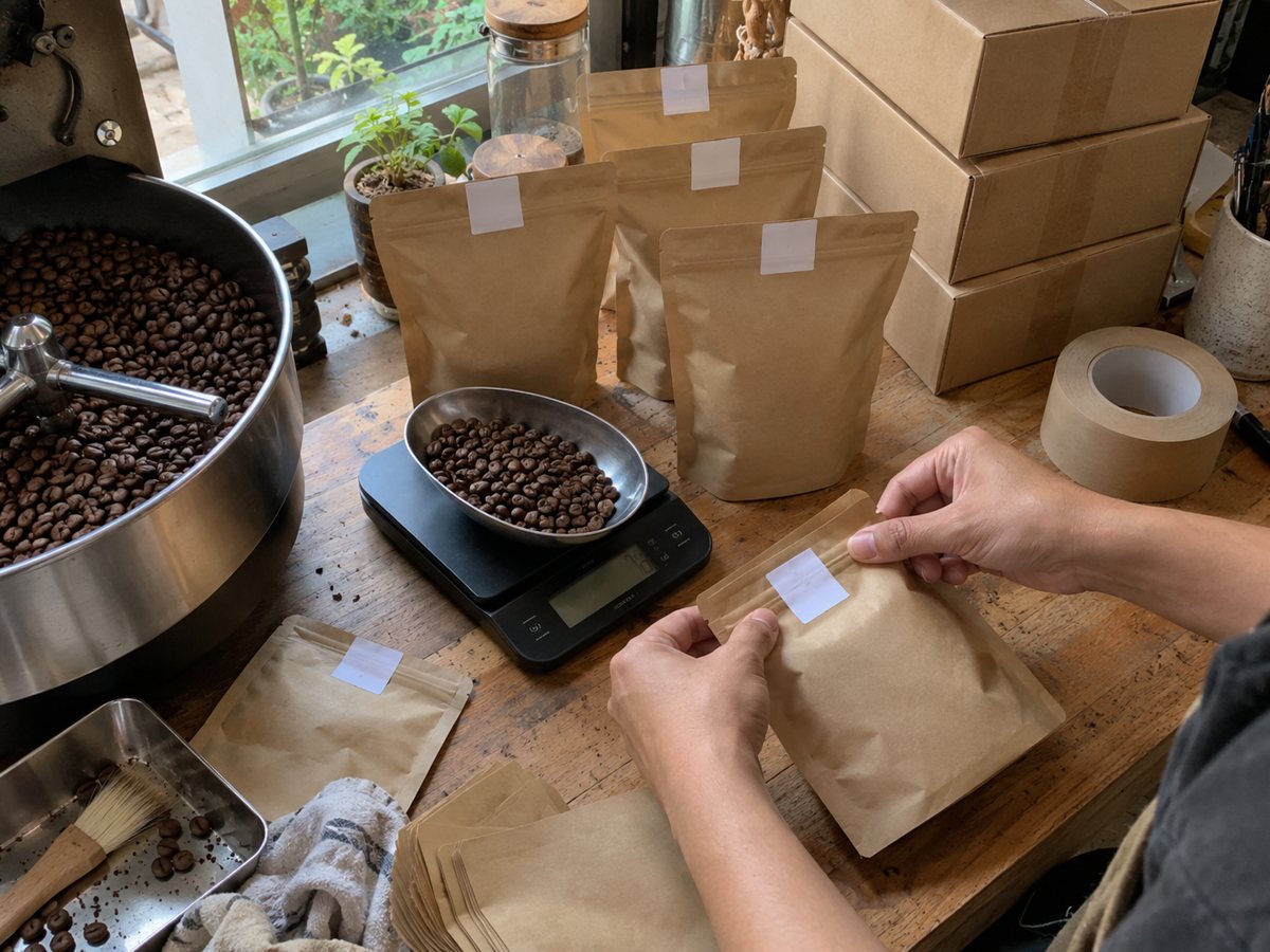 Kantong kopi dikemas dan diberi stiker tanggal sangrai sebelum dikirim
