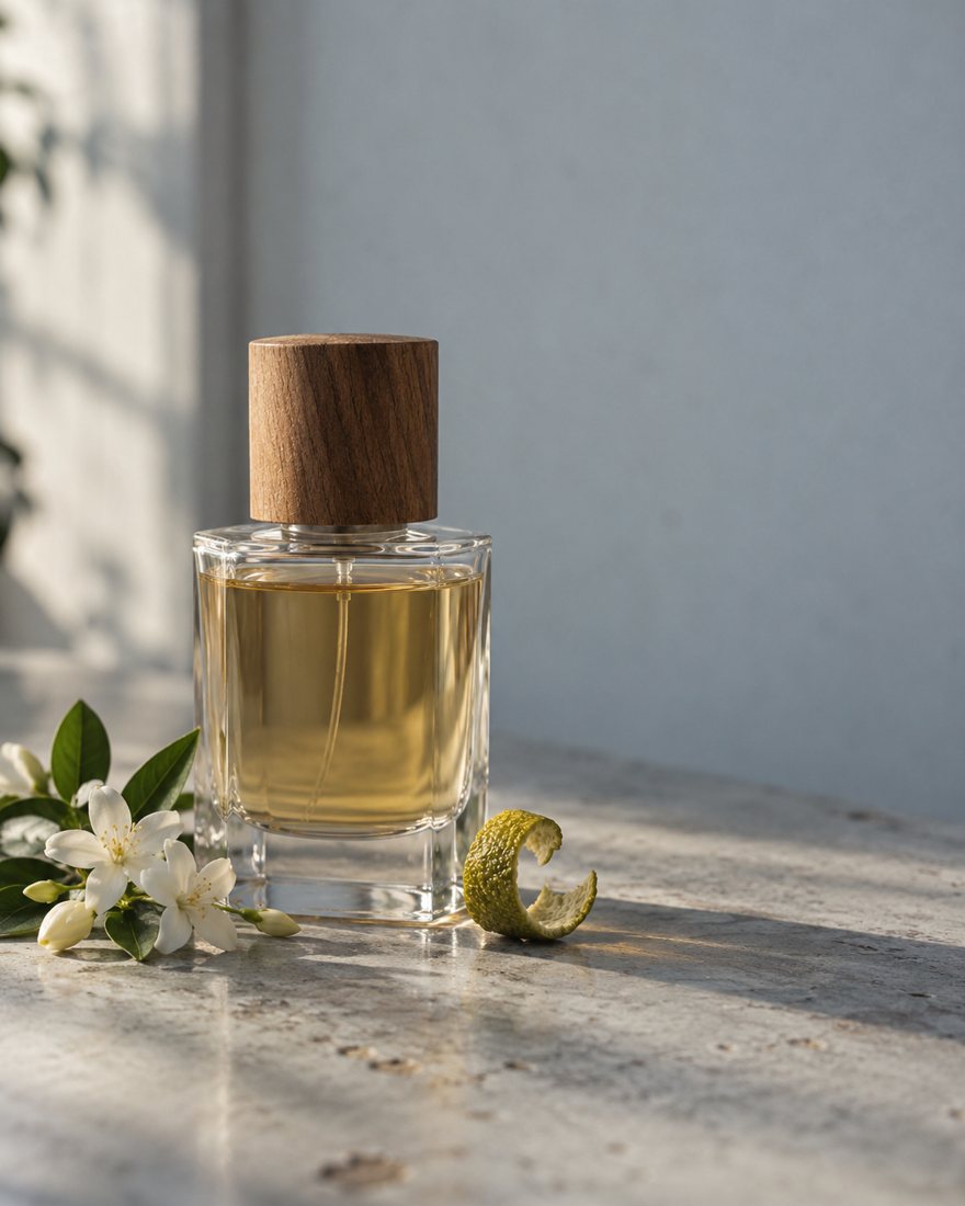 Botol parfum Aroma Nara 30 ml di atas meja batu dengan cahaya pagi