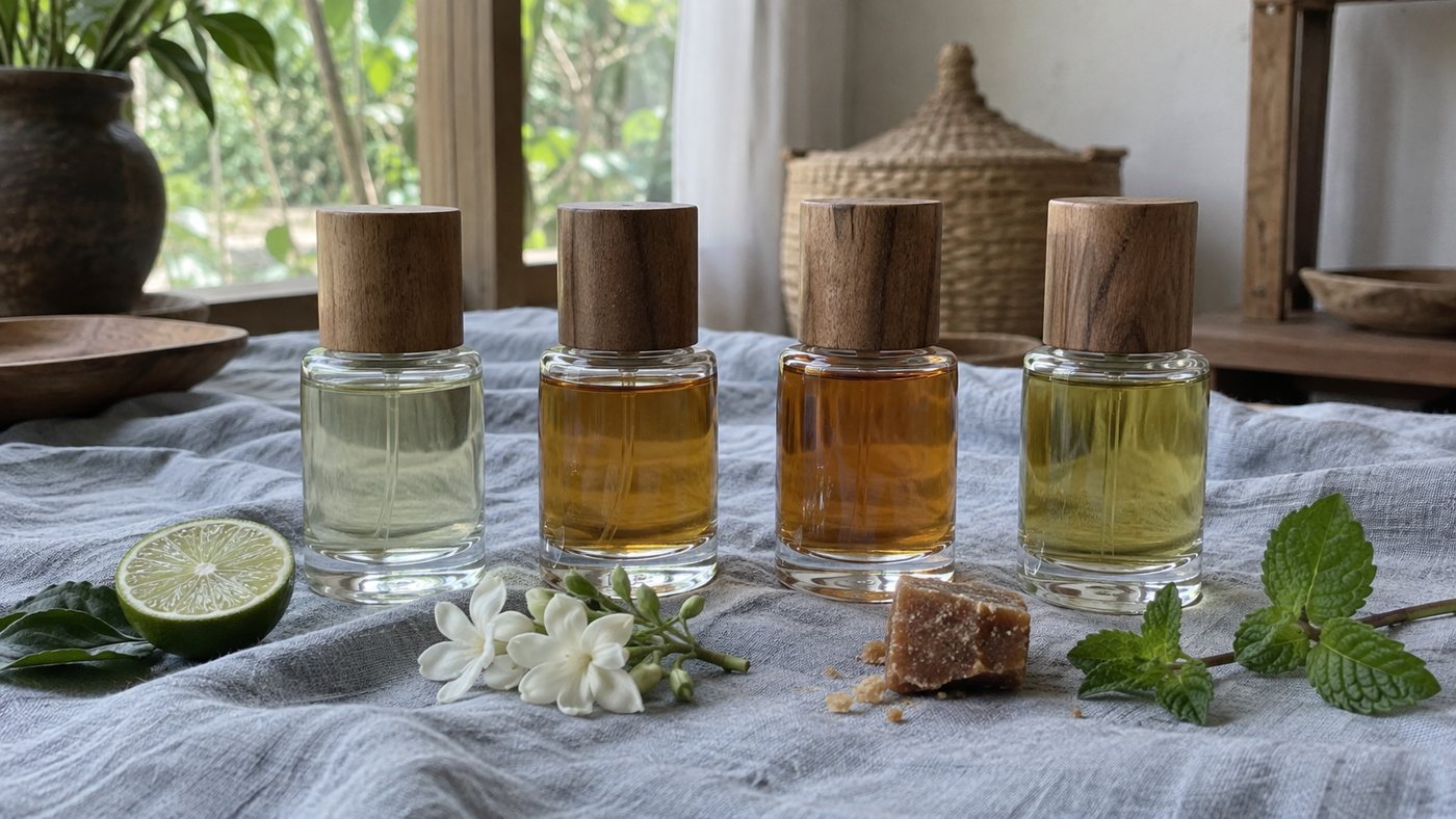 Empat botol parfum Aroma Nara berjajar di atas kain linen biru muda