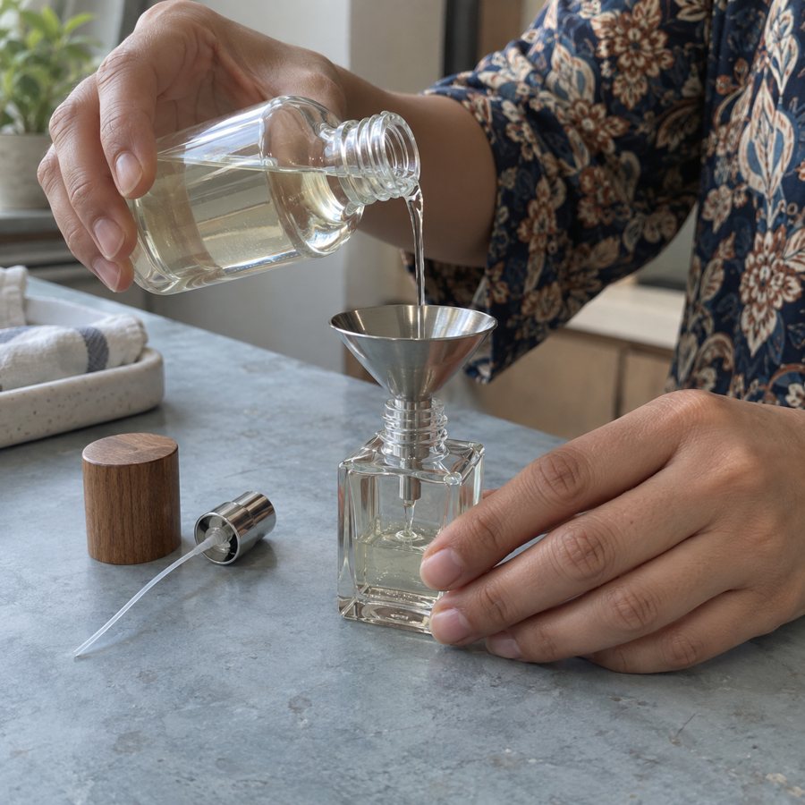Tangan menuang parfum refill dari botol kaca bening ke botol Aroma Nara memakai corong kecil
