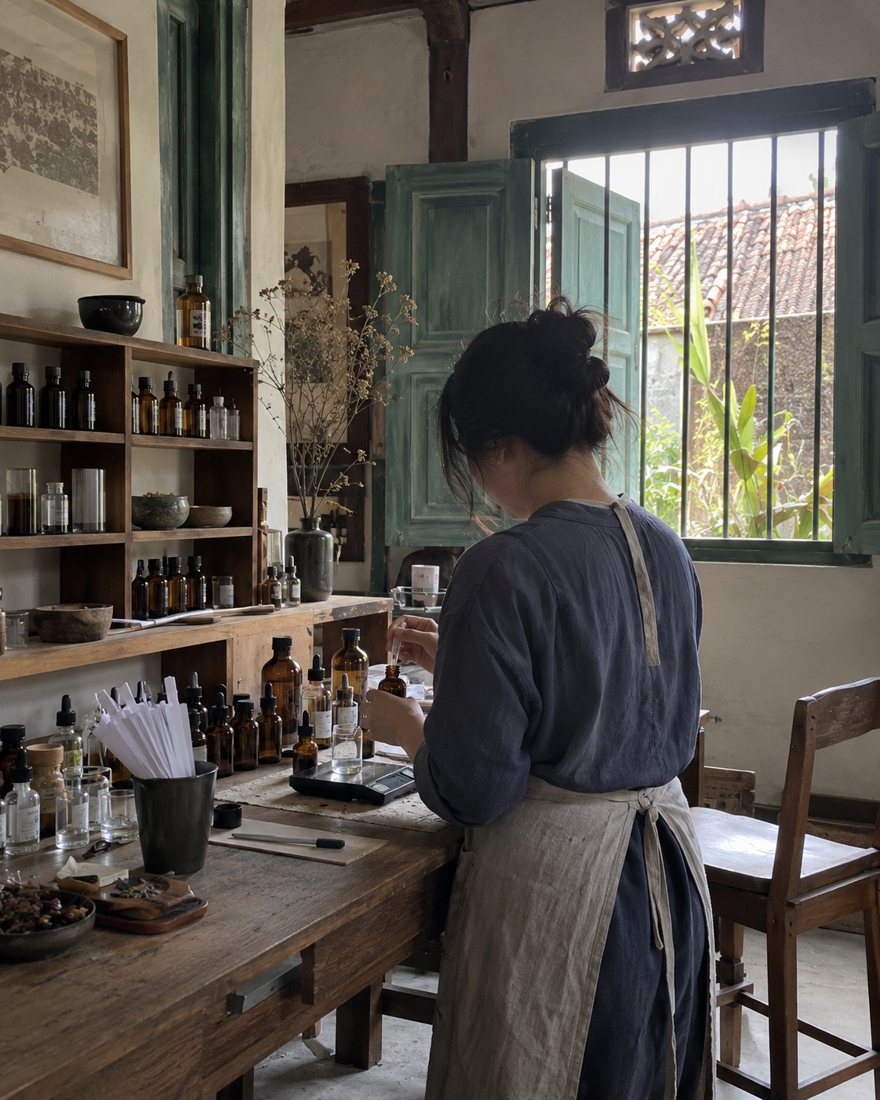 Meja racik parfum di studio Aroma Nara, Kotagede, dengan seseorang bekerja dilihat dari belakang
