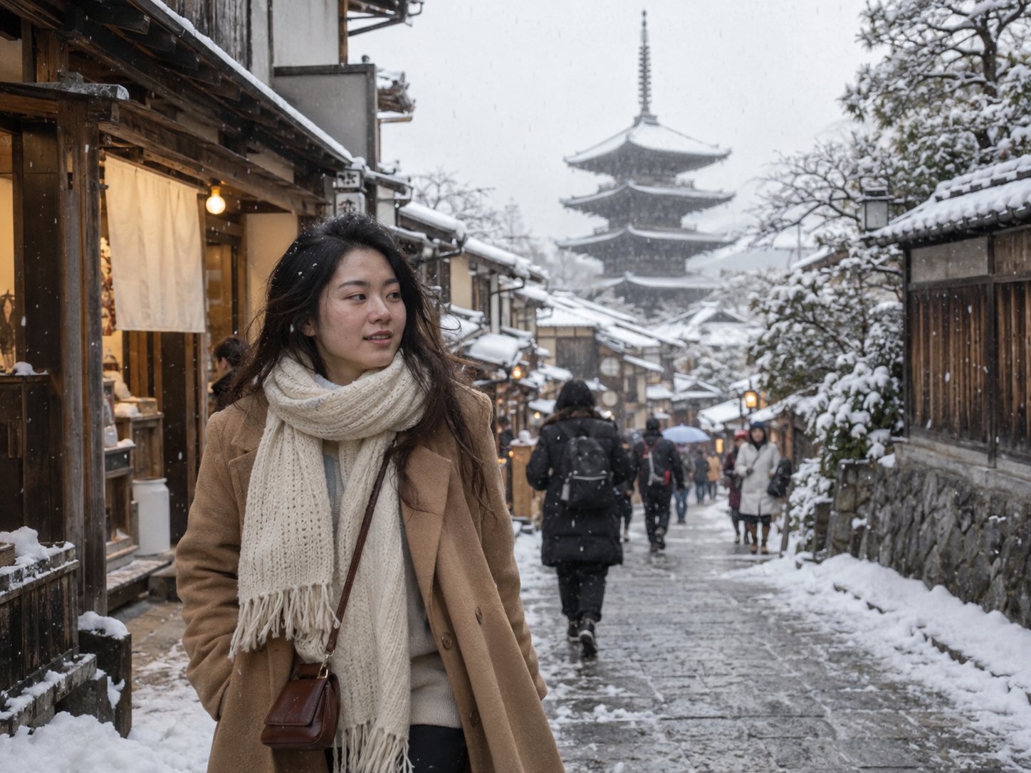 Traveler memakai coat camel di jalan bersalju Kyoto