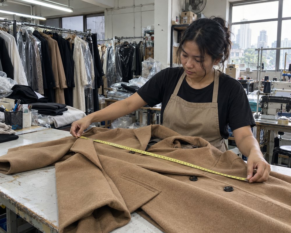 Tim memeriksa dan mengukur coat di workshop